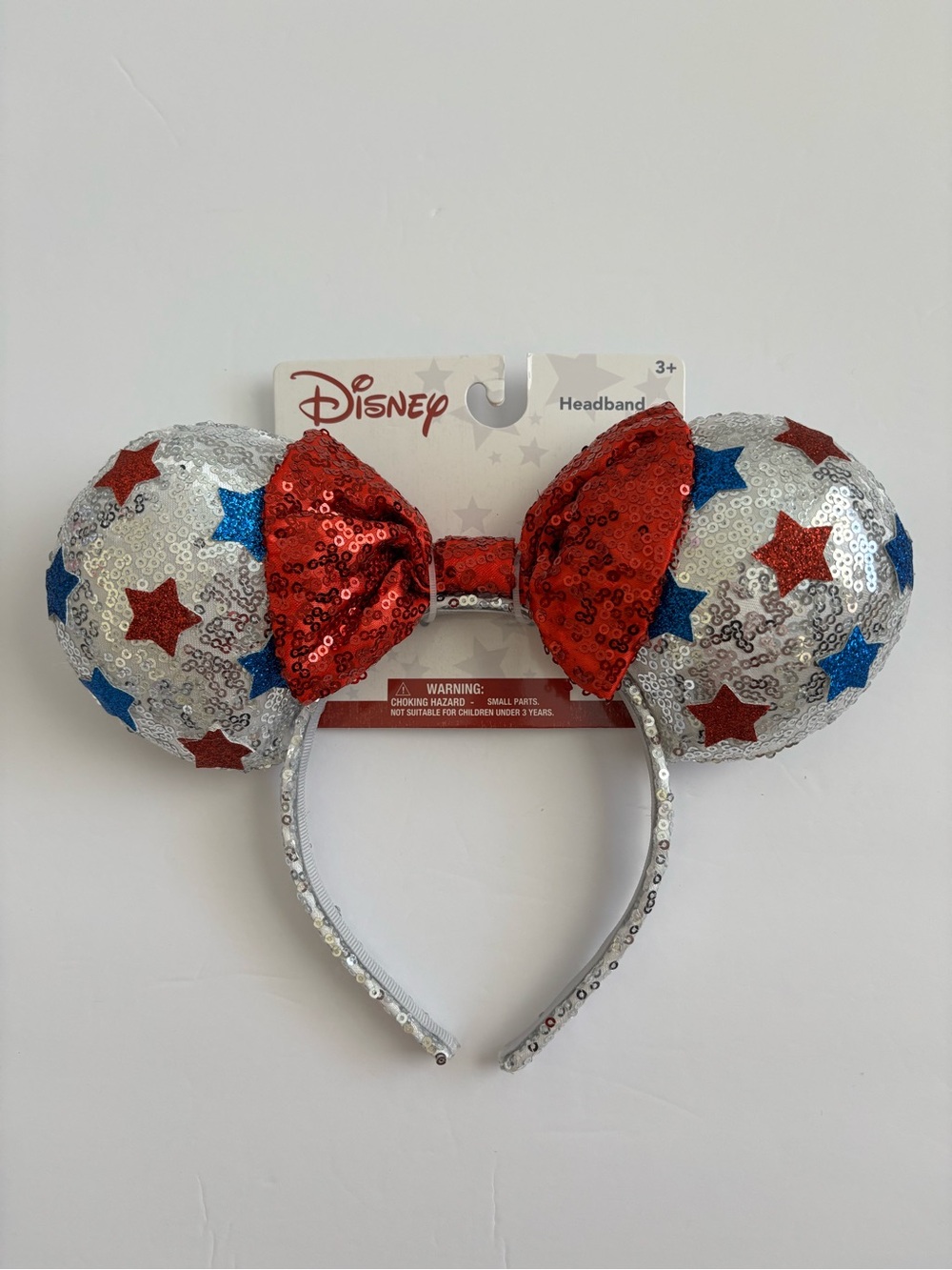 Disney Minnie Mouse Patriotic Silver Sequin Stars Red Bow Ears Headband NWT